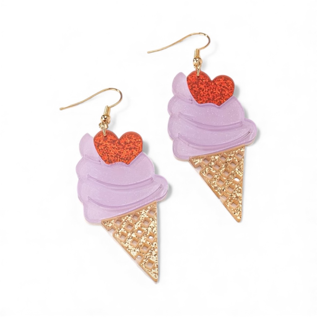 Purple Heart Ice Cream Cone Earrings